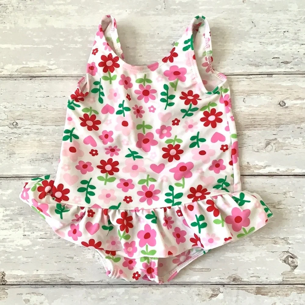 Carters 6m Baby Girl Floral Swimsuit White Red Pink Flowers Print One Piece